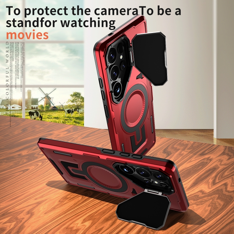 For Samsung Galaxy S24 5G Shield Frame Holder MagSafe Phone Case(Red) For Samsung Galaxy S24 5G Shield Frame Holder MagSafe Phone Case(Red)