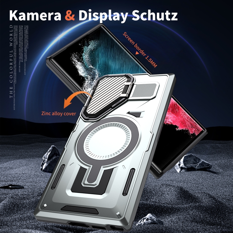 For Samsung Galaxy S22 Ultra 5G Shield Frame Holder MagSafe Phone Case(Grey) For Samsung Galaxy S22 Ultra 5G Shield Frame Holder MagSafe Phone Case(Grey)