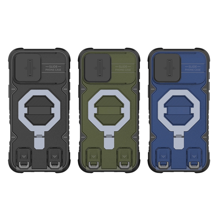 For iPhone 16 Pro Camera Shield Armor MagSafe Holder Phone Case with Strap(Dark Green)