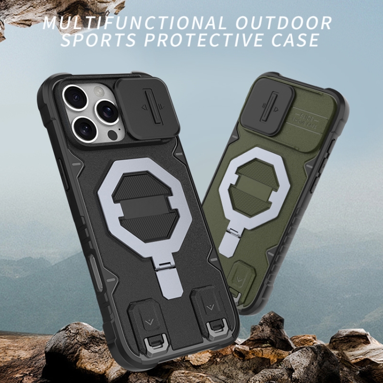 For iPhone 16 Pro Camera Shield Armor MagSafe Holder Phone Case with Strap(Dark Green)