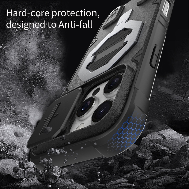 For iPhone 16 Pro Camera Shield Armor MagSafe Holder Phone Case with Strap(Dark Green)