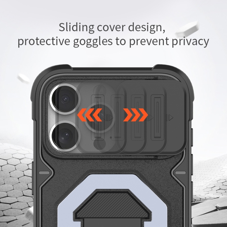 For iPhone 16 Pro Camera Shield Armor MagSafe Holder Phone Case with Strap(Dark Green)