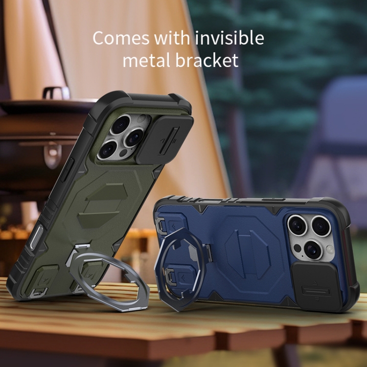 For iPhone 16 Pro Camera Shield Armor MagSafe Holder Phone Case with Strap(Dark Green)