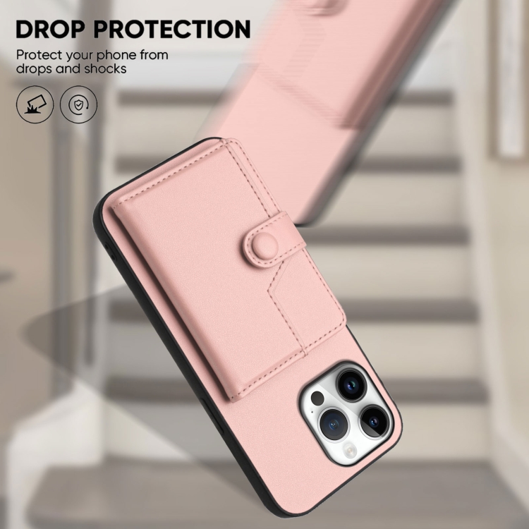 For iPhone 16 Pro Max Button Card Bag RFID Anti-theft Phone Case(Pink) For iPhone 16 Pro Max Button Card Bag RFID Anti-theft Phone Case(Pink)