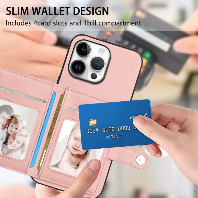 For iPhone 16 Pro Max Button Card Bag RFID Anti-theft Phone Case(Pink) For iPhone 16 Pro Max Button Card Bag RFID Anti-theft Phone Case(Pink)