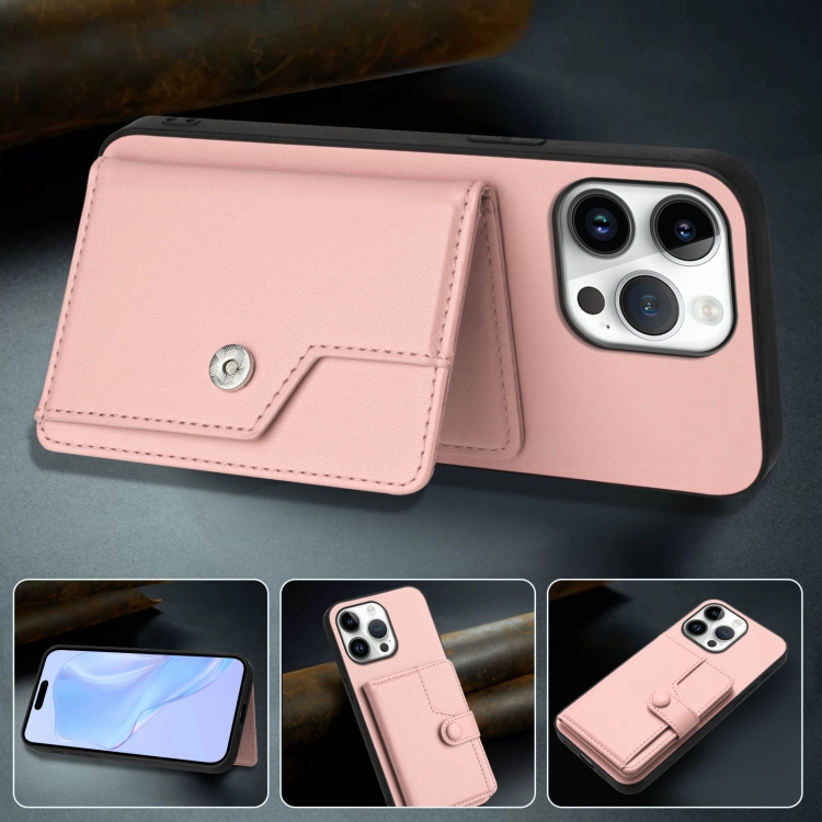 For iPhone 16 Pro Max Button Card Bag RFID Anti-theft Phone Case(Pink) For iPhone 16 Pro Max Button Card Bag RFID Anti-theft Phone Case(Pink)