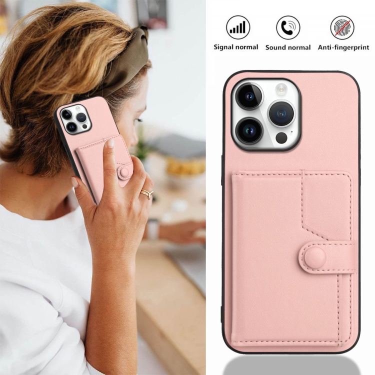 For iPhone 16 Pro Max Button Card Bag RFID Anti-theft Phone Case(Pink) For iPhone 16 Pro Max Button Card Bag RFID Anti-theft Phone Case(Pink)