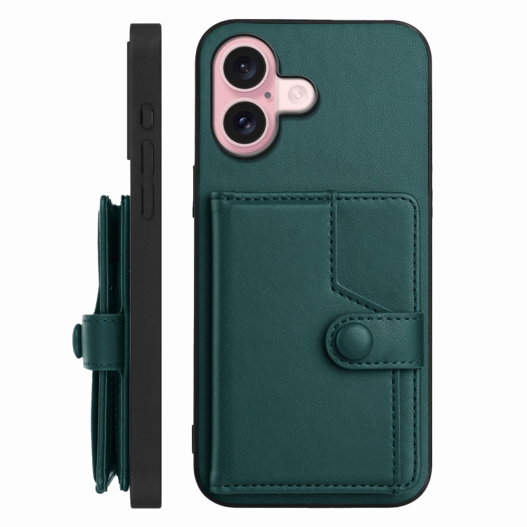 For iPhone 16 Button Card Bag RFID Anti-theft Phone Case(Green) For iPhone 16 Button Card Bag RFID Anti-theft Phone Case(Green)