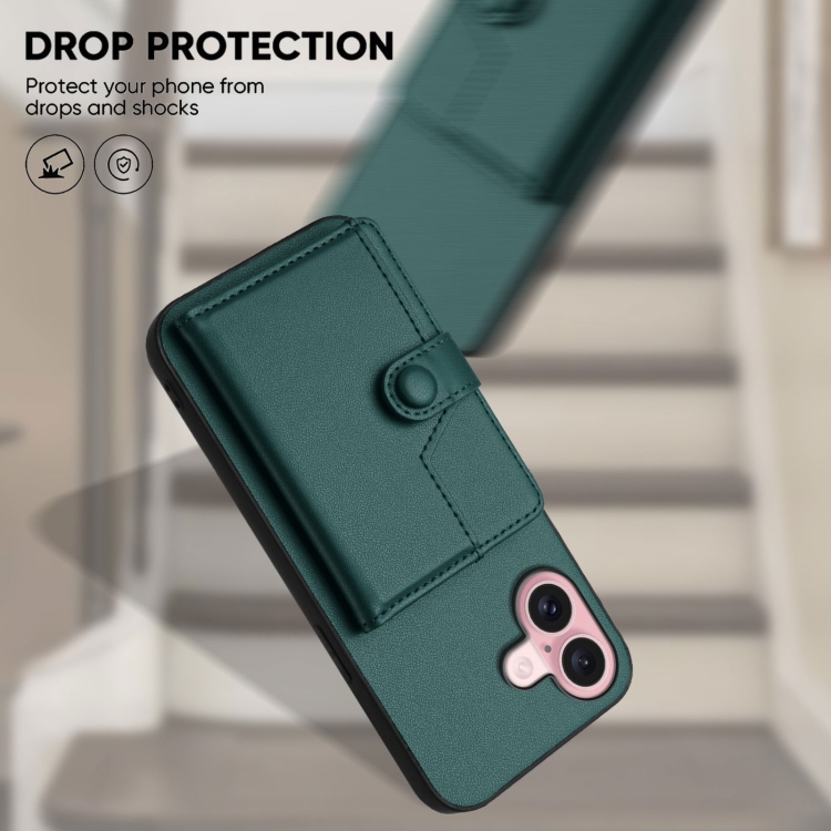 For iPhone 16 Button Card Bag RFID Anti-theft Phone Case(Green) For iPhone 16 Button Card Bag RFID Anti-theft Phone Case(Green)