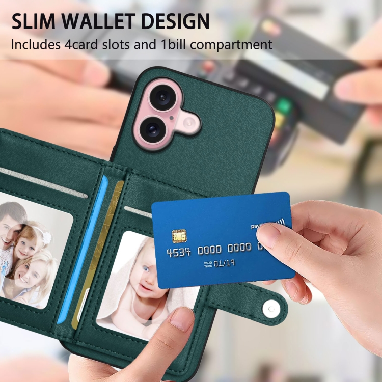 For iPhone 16 Button Card Bag RFID Anti-theft Phone Case(Green) For iPhone 16 Button Card Bag RFID Anti-theft Phone Case(Green)