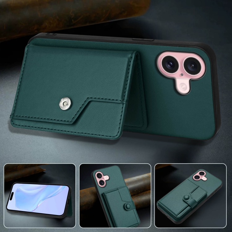For iPhone 16 Button Card Bag RFID Anti-theft Phone Case(Green) For iPhone 16 Button Card Bag RFID Anti-theft Phone Case(Green)