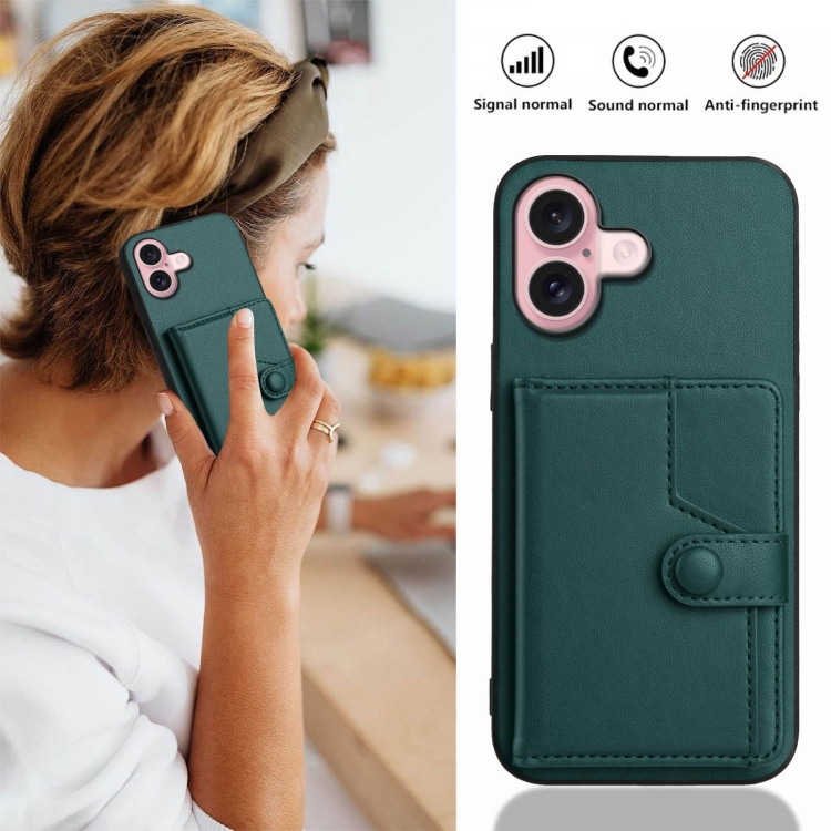 For iPhone 16 Button Card Bag RFID Anti-theft Phone Case(Green) For iPhone 16 Button Card Bag RFID Anti-theft Phone Case(Green)