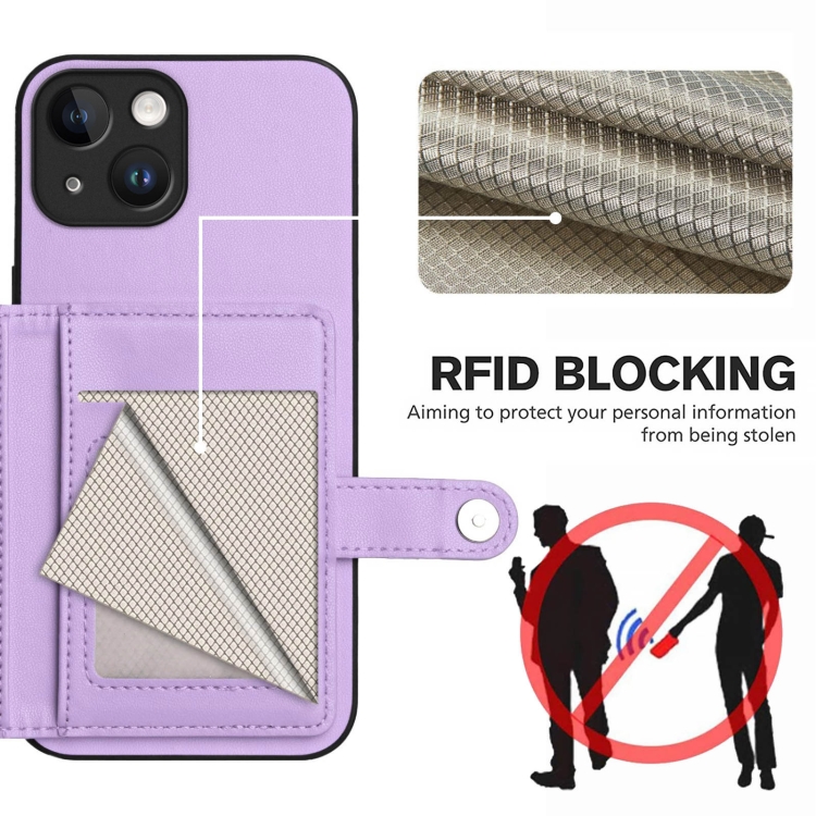 For iPhone 13 mini Button Card Bag RFID Anti-theft Phone Case(Purple) For iPhone 13 mini Button Card Bag RFID Anti-theft Phone Case(Purple)