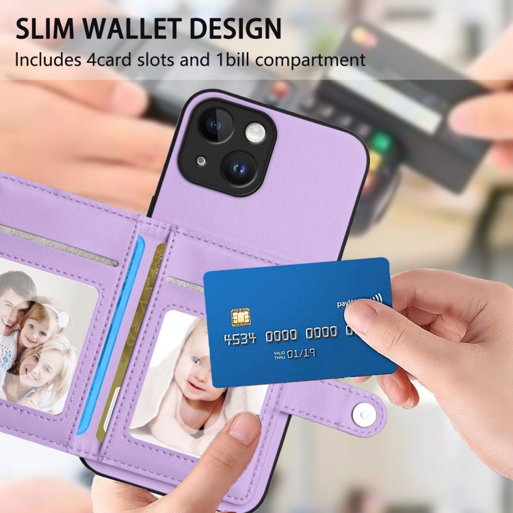For iPhone 13 mini Button Card Bag RFID Anti-theft Phone Case(Purple) For iPhone 13 mini Button Card Bag RFID Anti-theft Phone Case(Purple)