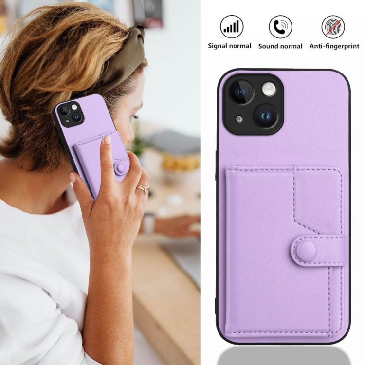 For iPhone 13 mini Button Card Bag RFID Anti-theft Phone Case(Purple) For iPhone 13 mini Button Card Bag RFID Anti-theft Phone Case(Purple)