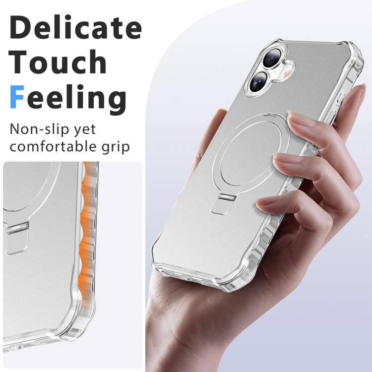 For iPhone 16 Plus Solid Color Wave MagSafe Holder Phone Case(Silver)