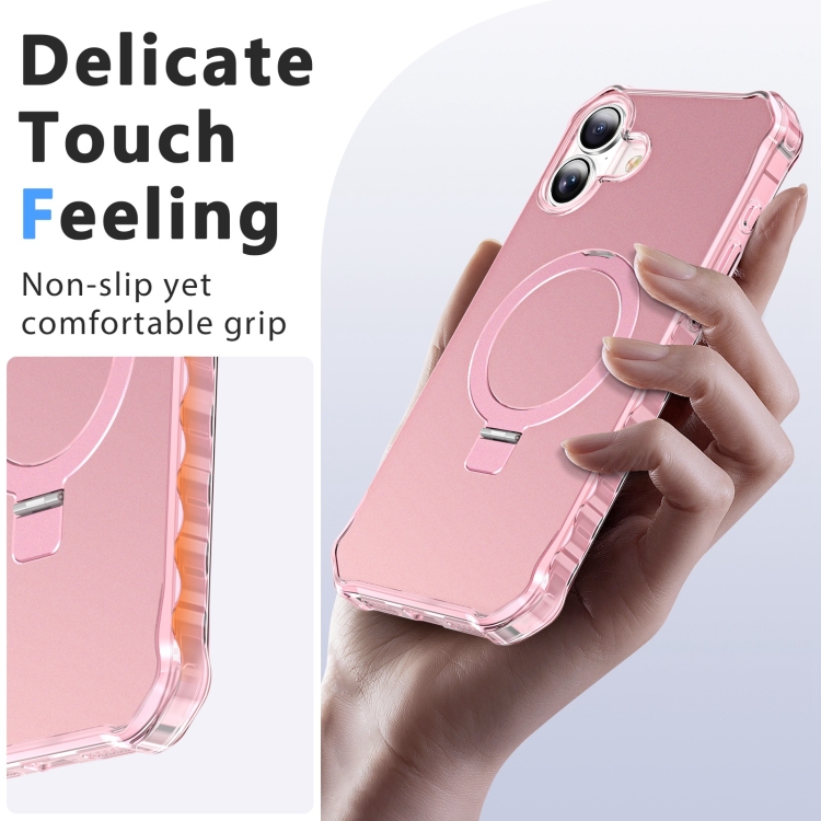 For iPhone 16 Solid Color Wave MagSafe Holder Phone Case(Pink)