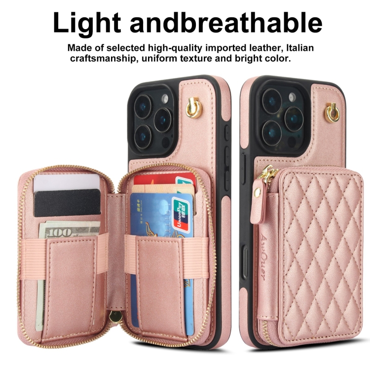 For iPhone 16 Pro AwQuer Crossbody Zipper Wallet Rhombic Leather Back Phone Case(Rose Gold) For iPhone 16 Pro AwQuer Crossbody Zipper Wallet Rhombic Leather Back Phone Case(Rose Gold)