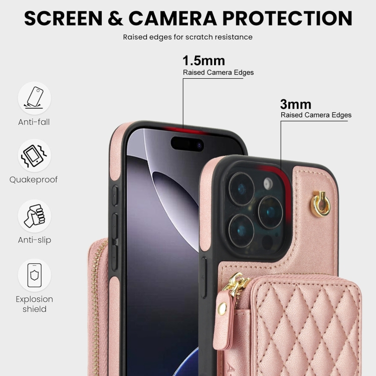 For iPhone 16 Pro AwQuer Crossbody Zipper Wallet Rhombic Leather Back Phone Case(Rose Gold) For iPhone 16 Pro AwQuer Crossbody Zipper Wallet Rhombic Leather Back Phone Case(Rose Gold)