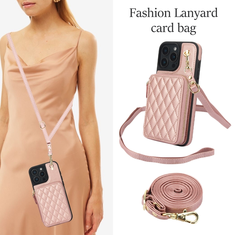 For iPhone 16 Pro AwQuer Crossbody Zipper Wallet Rhombic Leather Back Phone Case(Rose Gold) For iPhone 16 Pro AwQuer Crossbody Zipper Wallet Rhombic Leather Back Phone Case(Rose Gold)