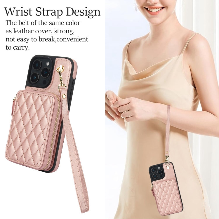 For iPhone 16 Pro AwQuer Crossbody Zipper Wallet Rhombic Leather Back Phone Case(Rose Gold) For iPhone 16 Pro AwQuer Crossbody Zipper Wallet Rhombic Leather Back Phone Case(Rose Gold)