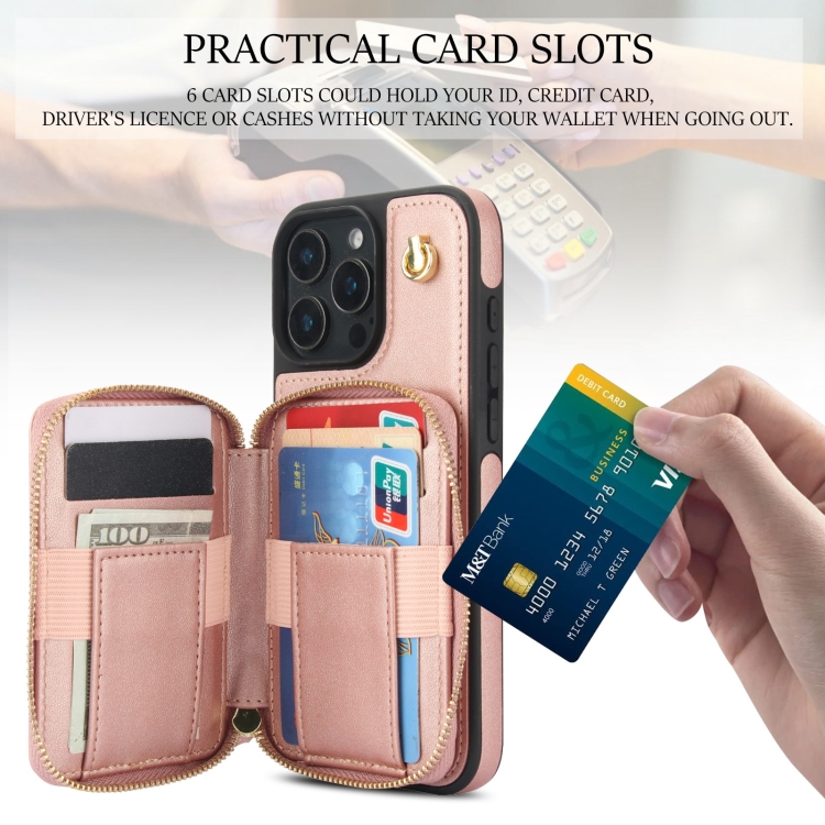 For iPhone 16 Pro AwQuer Crossbody Zipper Wallet Rhombic Leather Back Phone Case(Rose Gold) For iPhone 16 Pro AwQuer Crossbody Zipper Wallet Rhombic Leather Back Phone Case(Rose Gold)