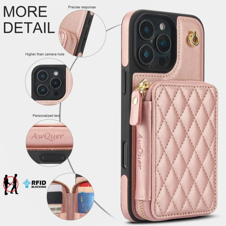 For iPhone 16 Pro AwQuer Crossbody Zipper Wallet Rhombic Leather Back Phone Case(Rose Gold) For iPhone 16 Pro AwQuer Crossbody Zipper Wallet Rhombic Leather Back Phone Case(Rose Gold)
