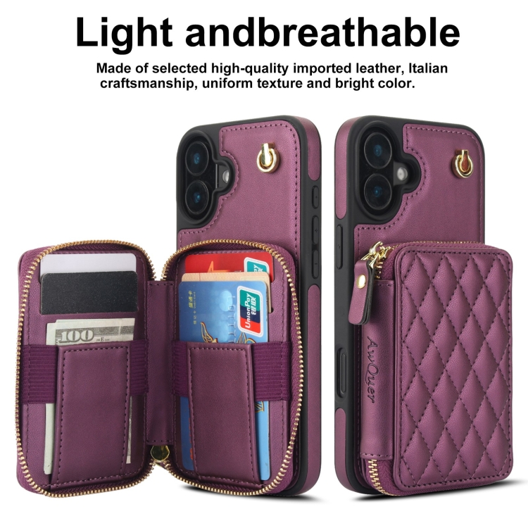 For iPhone 16 AwQuer Crossbody Zipper Wallet Rhombic Leather Back Phone Case(Dark Purple) For iPhone 16 AwQuer Crossbody Zipper Wallet Rhombic Leather Back Phone Case(Dark Purple)