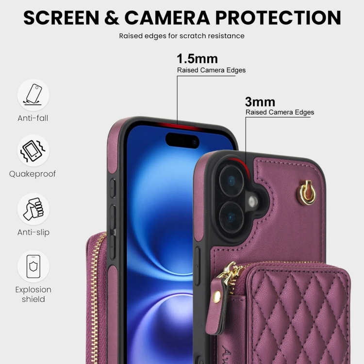 For iPhone 16 AwQuer Crossbody Zipper Wallet Rhombic Leather Back Phone Case(Dark Purple) For iPhone 16 AwQuer Crossbody Zipper Wallet Rhombic Leather Back Phone Case(Dark Purple)