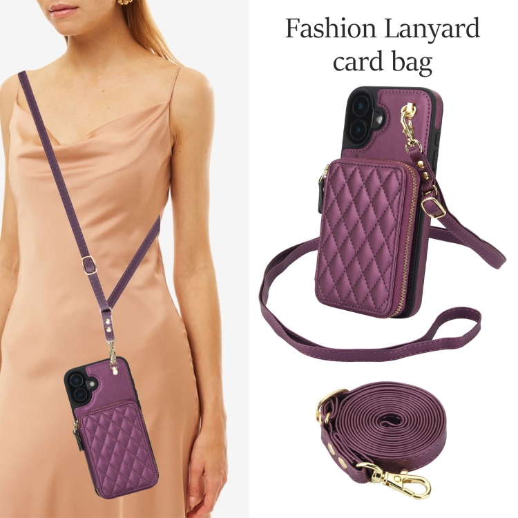 For iPhone 16 AwQuer Crossbody Zipper Wallet Rhombic Leather Back Phone Case(Dark Purple) For iPhone 16 AwQuer Crossbody Zipper Wallet Rhombic Leather Back Phone Case(Dark Purple)