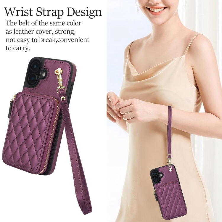 For iPhone 16 AwQuer Crossbody Zipper Wallet Rhombic Leather Back Phone Case(Dark Purple) For iPhone 16 AwQuer Crossbody Zipper Wallet Rhombic Leather Back Phone Case(Dark Purple)