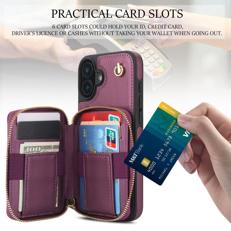 For iPhone 16 AwQuer Crossbody Zipper Wallet Rhombic Leather Back Phone Case(Dark Purple) For iPhone 16 AwQuer Crossbody Zipper Wallet Rhombic Leather Back Phone Case(Dark Purple)