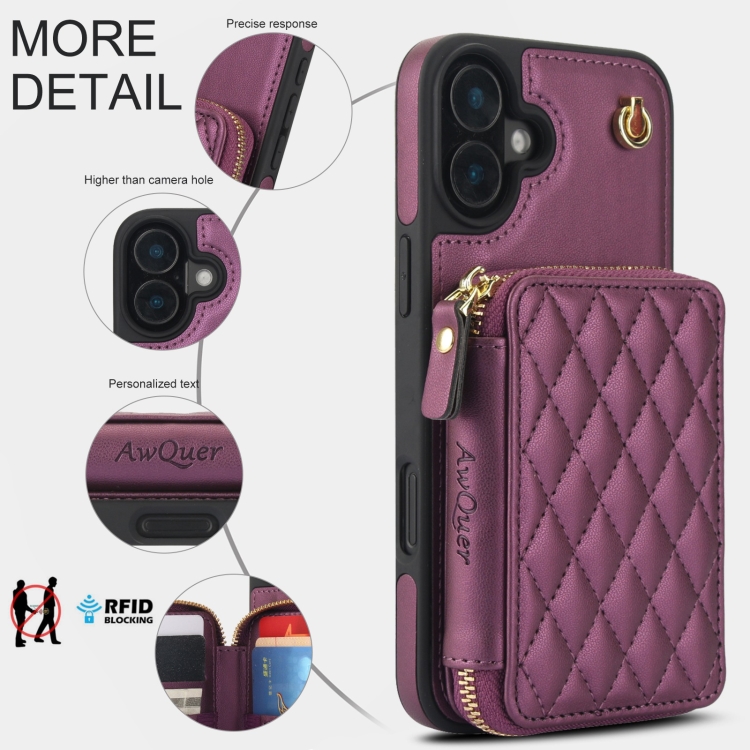 For iPhone 16 AwQuer Crossbody Zipper Wallet Rhombic Leather Back Phone Case(Dark Purple) For iPhone 16 AwQuer Crossbody Zipper Wallet Rhombic Leather Back Phone Case(Dark Purple)