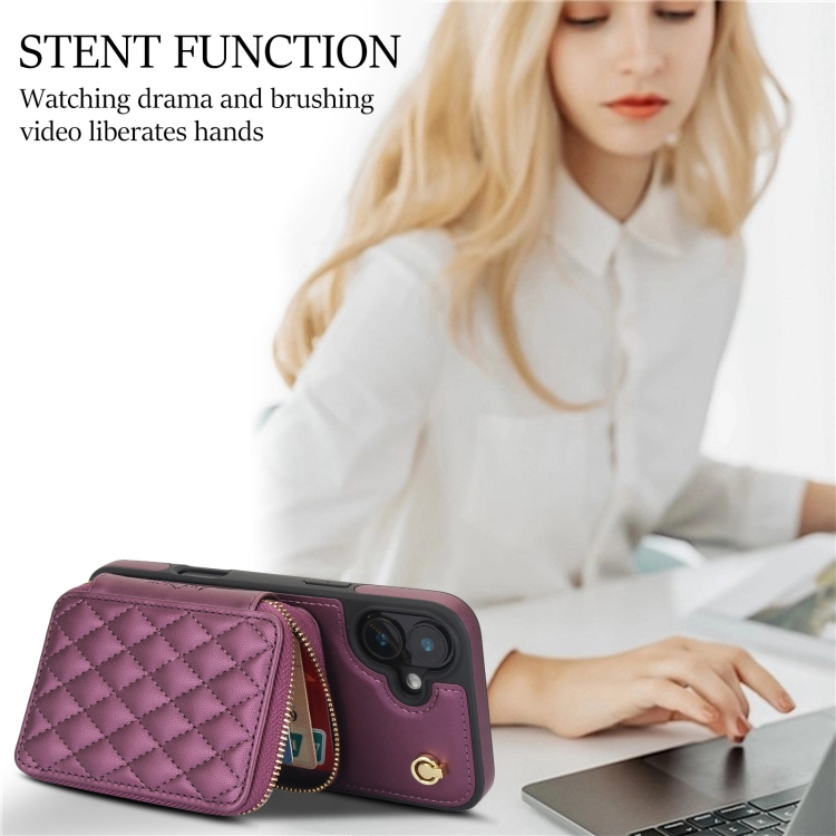 For iPhone 16 AwQuer Crossbody Zipper Wallet Rhombic Leather Back Phone Case(Dark Purple) For iPhone 16 AwQuer Crossbody Zipper Wallet Rhombic Leather Back Phone Case(Dark Purple)