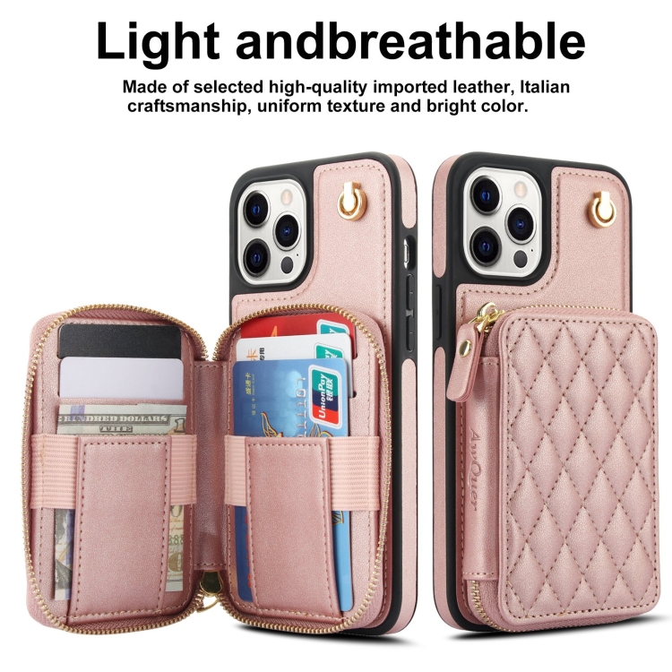 For iPhone 15 Pro Max AwQuer Crossbody Zipper Wallet Rhombic Leather Back Phone Case(Rose Gold) - 1