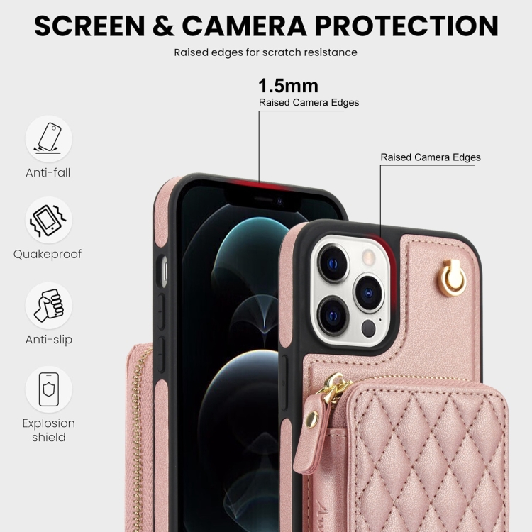 For iPhone 15 Pro Max AwQuer Crossbody Zipper Wallet Rhombic Leather Back Phone Case(Rose Gold) - 2