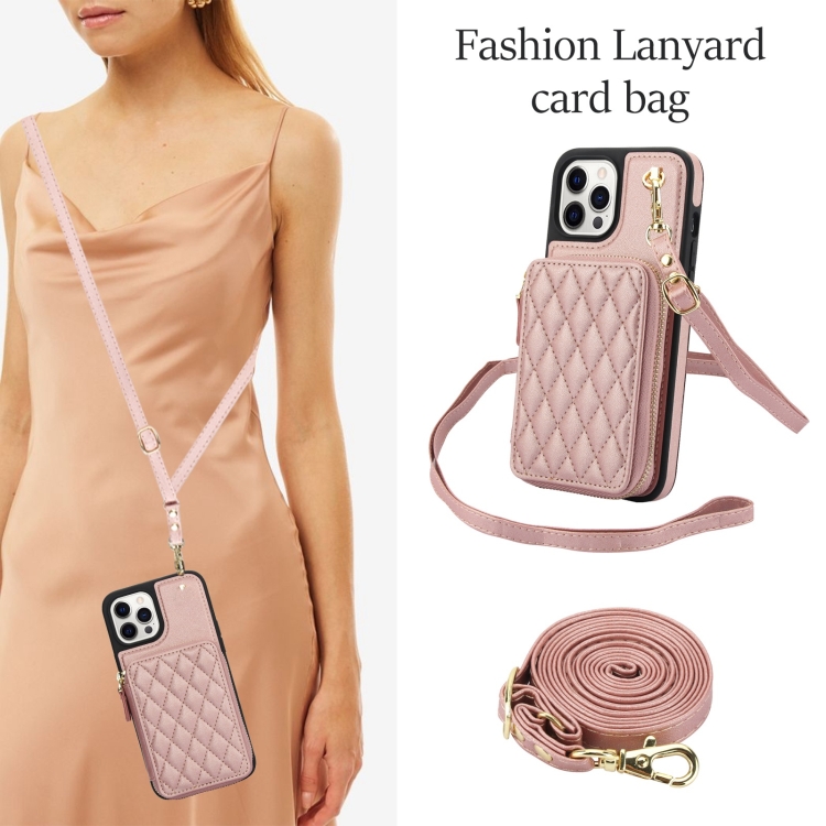 For iPhone 15 Pro Max AwQuer Crossbody Zipper Wallet Rhombic Leather Back Phone Case(Rose Gold) - 3