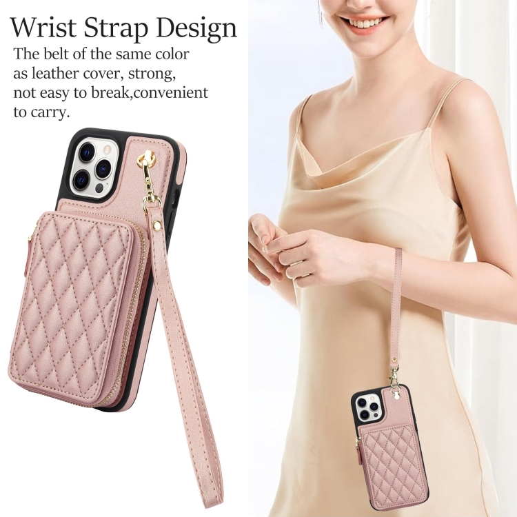 For iPhone 15 Pro Max AwQuer Crossbody Zipper Wallet Rhombic Leather Back Phone Case(Rose Gold) - 4