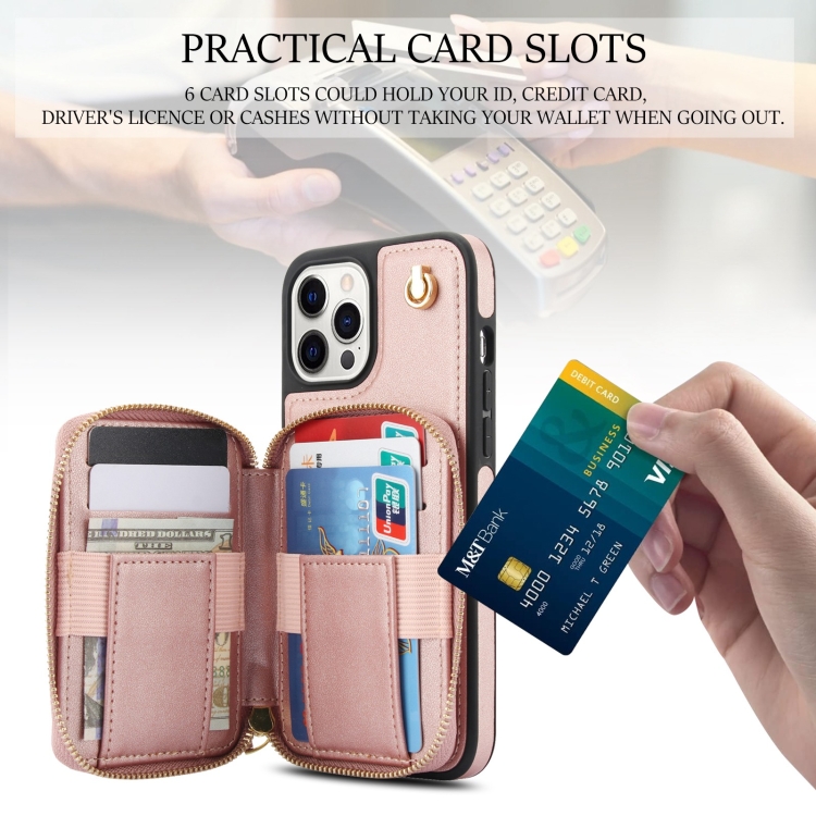 For iPhone 15 Pro Max AwQuer Crossbody Zipper Wallet Rhombic Leather Back Phone Case(Rose Gold) - 5