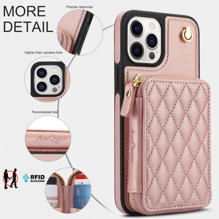 For iPhone 15 Pro Max AwQuer Crossbody Zipper Wallet Rhombic Leather Back Phone Case(Rose Gold) - 6