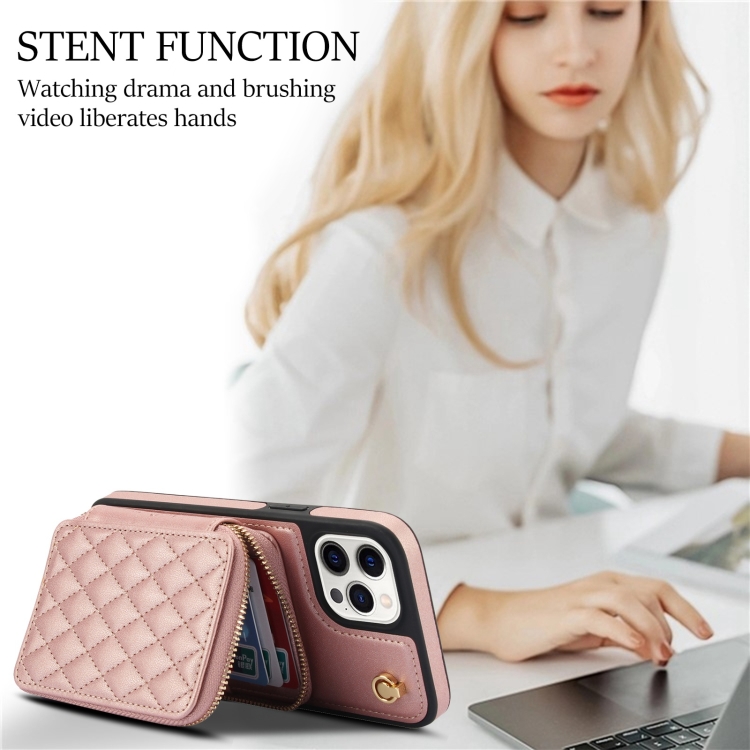 For iPhone 15 Pro Max AwQuer Crossbody Zipper Wallet Rhombic Leather Back Phone Case(Rose Gold) - 7