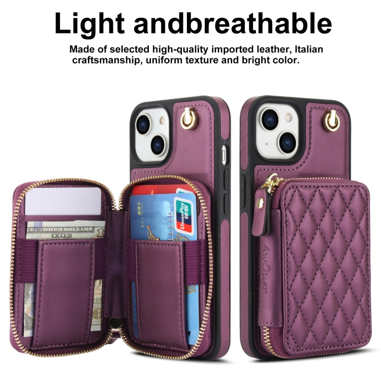 For iPhone 14 Plus AwQuer Crossbody Zipper Wallet Rhombic Leather Back Phone Case(Dark Purple) For iPhone 14 Plus AwQuer Crossbody Zipper Wallet Rhombic Leather Back Phone Case(Dark Purple)