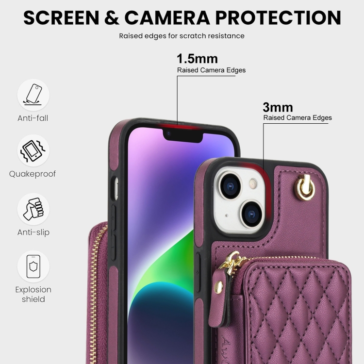 For iPhone 14 Plus AwQuer Crossbody Zipper Wallet Rhombic Leather Back Phone Case(Dark Purple) For iPhone 14 Plus AwQuer Crossbody Zipper Wallet Rhombic Leather Back Phone Case(Dark Purple)