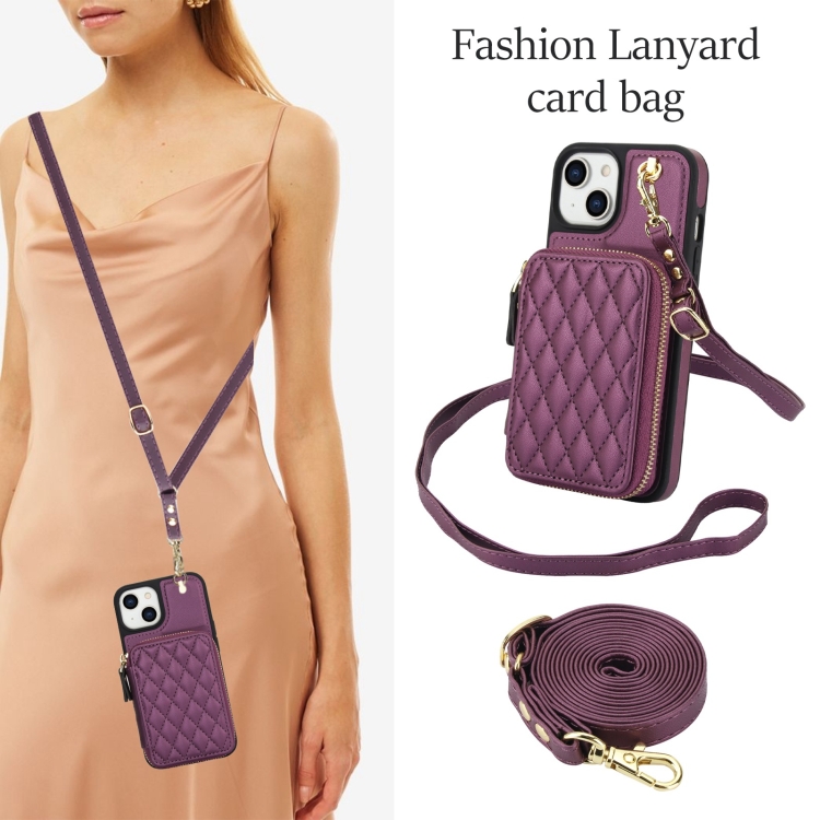 For iPhone 14 Plus AwQuer Crossbody Zipper Wallet Rhombic Leather Back Phone Case(Dark Purple) For iPhone 14 Plus AwQuer Crossbody Zipper Wallet Rhombic Leather Back Phone Case(Dark Purple)