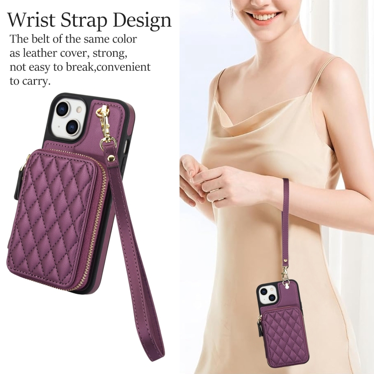 For iPhone 14 Plus AwQuer Crossbody Zipper Wallet Rhombic Leather Back Phone Case(Dark Purple) For iPhone 14 Plus AwQuer Crossbody Zipper Wallet Rhombic Leather Back Phone Case(Dark Purple)