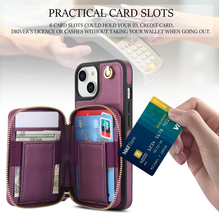 For iPhone 14 Plus AwQuer Crossbody Zipper Wallet Rhombic Leather Back Phone Case(Dark Purple) For iPhone 14 Plus AwQuer Crossbody Zipper Wallet Rhombic Leather Back Phone Case(Dark Purple)