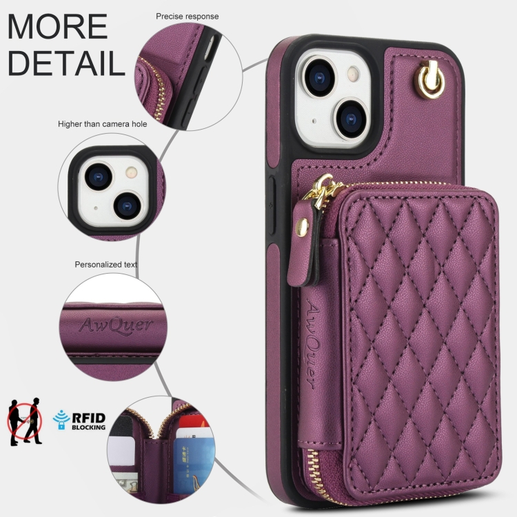 For iPhone 14 Plus AwQuer Crossbody Zipper Wallet Rhombic Leather Back Phone Case(Dark Purple) For iPhone 14 Plus AwQuer Crossbody Zipper Wallet Rhombic Leather Back Phone Case(Dark Purple)