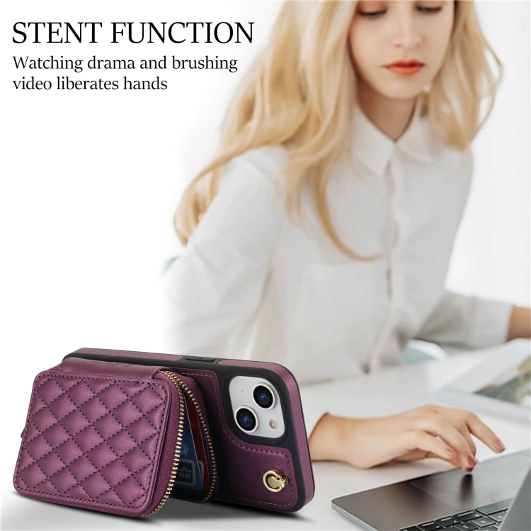 For iPhone 14 Plus AwQuer Crossbody Zipper Wallet Rhombic Leather Back Phone Case(Dark Purple) For iPhone 14 Plus AwQuer Crossbody Zipper Wallet Rhombic Leather Back Phone Case(Dark Purple)