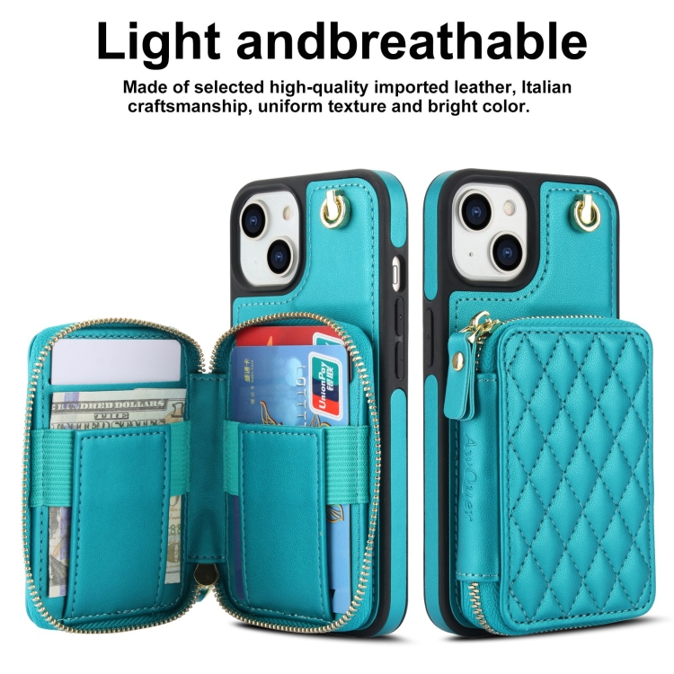 For iPhone 14 / 13 AwQuer Crossbody Zipper Wallet Rhombic Leather Back Phone Case(Green) For iPhone 14 / 13 AwQuer Crossbody Zipper Wallet Rhombic Leather Back Phone Case(Green)