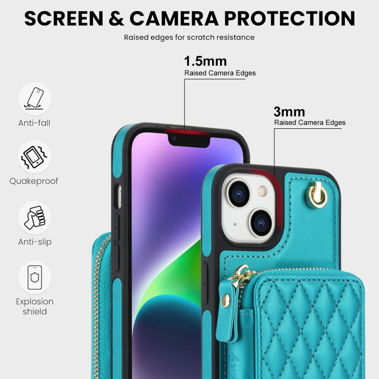 For iPhone 14 / 13 AwQuer Crossbody Zipper Wallet Rhombic Leather Back Phone Case(Green) For iPhone 14 / 13 AwQuer Crossbody Zipper Wallet Rhombic Leather Back Phone Case(Green)